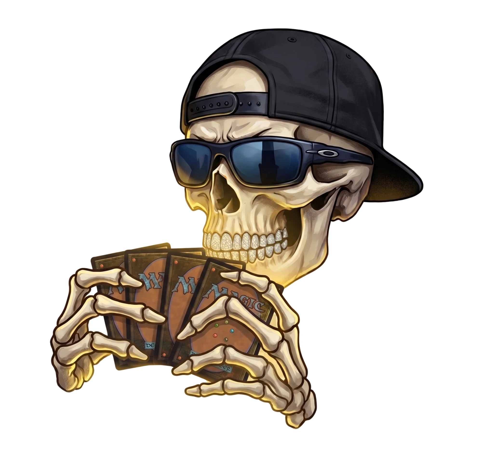 Skull in a backwards cap holding a hand of Magic cards