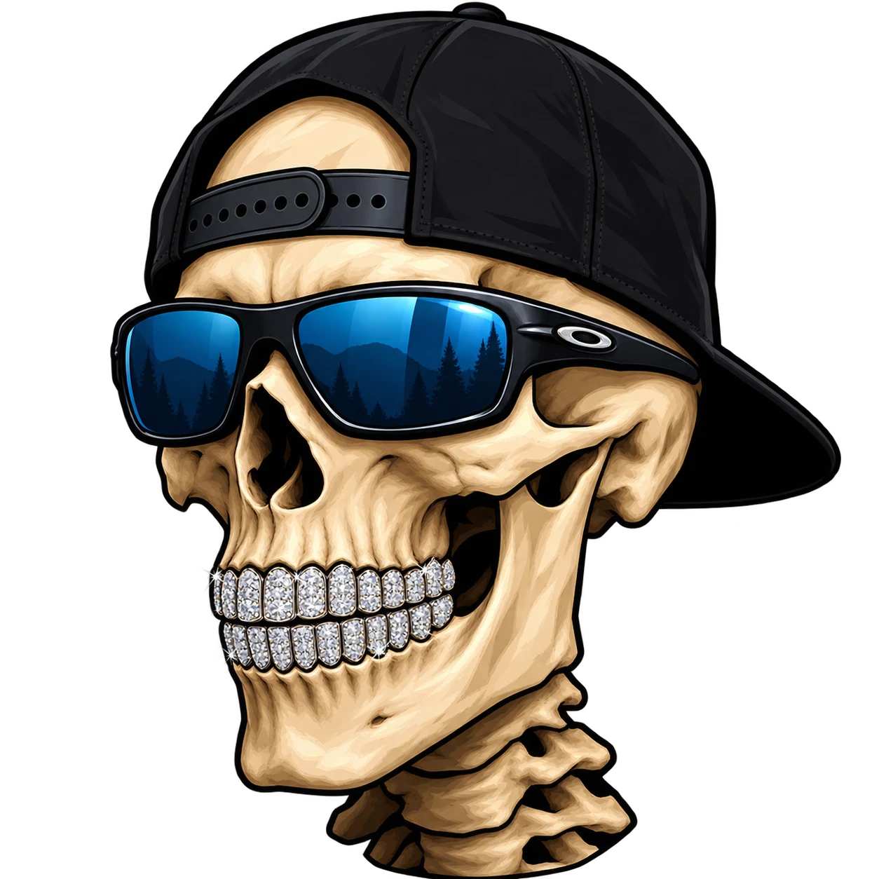 Skull in a backwards cap and mirrored sunglasses, with a diamond grill